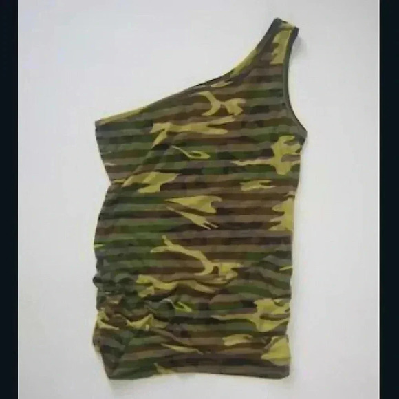 Perfect Condition Vintage Y2K One Shoulder Striped Camo Camouflage Top - Picture 6 of 11